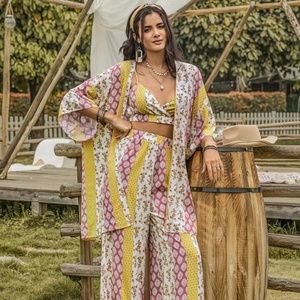 Floral Print Crop Cami Top, Wide Leg Pants & Kimono